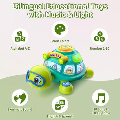 ToddlerCley Musical Turtle Baby Toys 6-12 Months, Bilingual Educational Crawling Toys 7 8 9 10 Months, Light up Infants Tummy Toy with Sound, Number, Letters, Gifts Present for Baby 4 5 6 12 Month