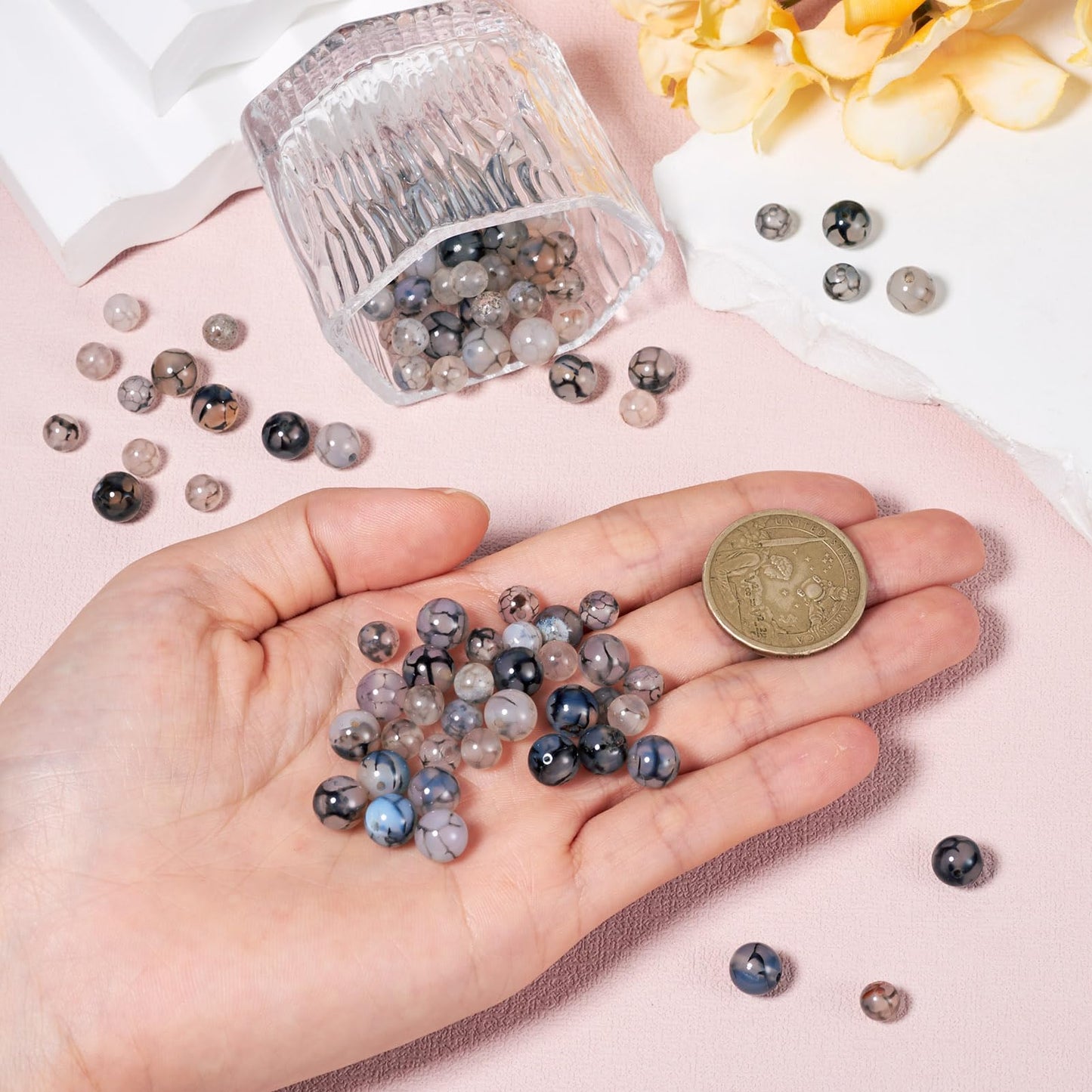 Beadthoven 110pcs Natural Dragon Veins Agate Beads 6mm 8mm Gray Round Stone Beads Smooth Natural Healing Crystals Gemstone Spacers for DIY Jewelry Making Crafts Friendship Bracelets Necklace