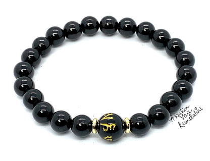 Black Obsidian Buddhist Prayer Beads Stretch Bracelet | Om Mani Padme Hum Mantra | Scorpio Zodiac Birthstone for October November | Root Chakra Association (Wrist Size 9.5 Inches)