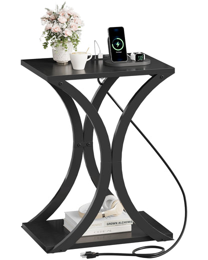 CHOEZON End Table with Charging Station, 2-Tier Modern Side Table, Nightstand with Storage Shelf, for Small Spaces, for Living Room, Bedroom, Black TBZ20UBB