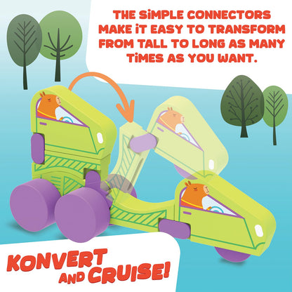 MindWare Konvertibles Transforming Wooden Trucks – 2‑Piece Flip‑&‑Change Vehicle Set with Carry‑Along Box That Becomes 3‑D Road Scene, Toddler Toy for Ages 18 Months +