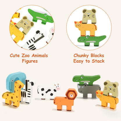 JugueteLand Wooden Animal Stacking Puzzle Toy, Educational Balancing Activity Toy for Kids, Wooden Zoo Animal Building Blocks Stacker & Bag, Stacking and Balance Toys for Toddlers 2-4 Years