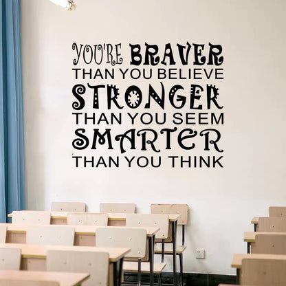 Kids Quotes Wall Stickers for Classroom: Girls Boys Teen Motivational Positive Inspirational Vinyl Art Wall Decals for Playroom School Bedroom - You're Braver Than You Believe Stronger 18" X 15"