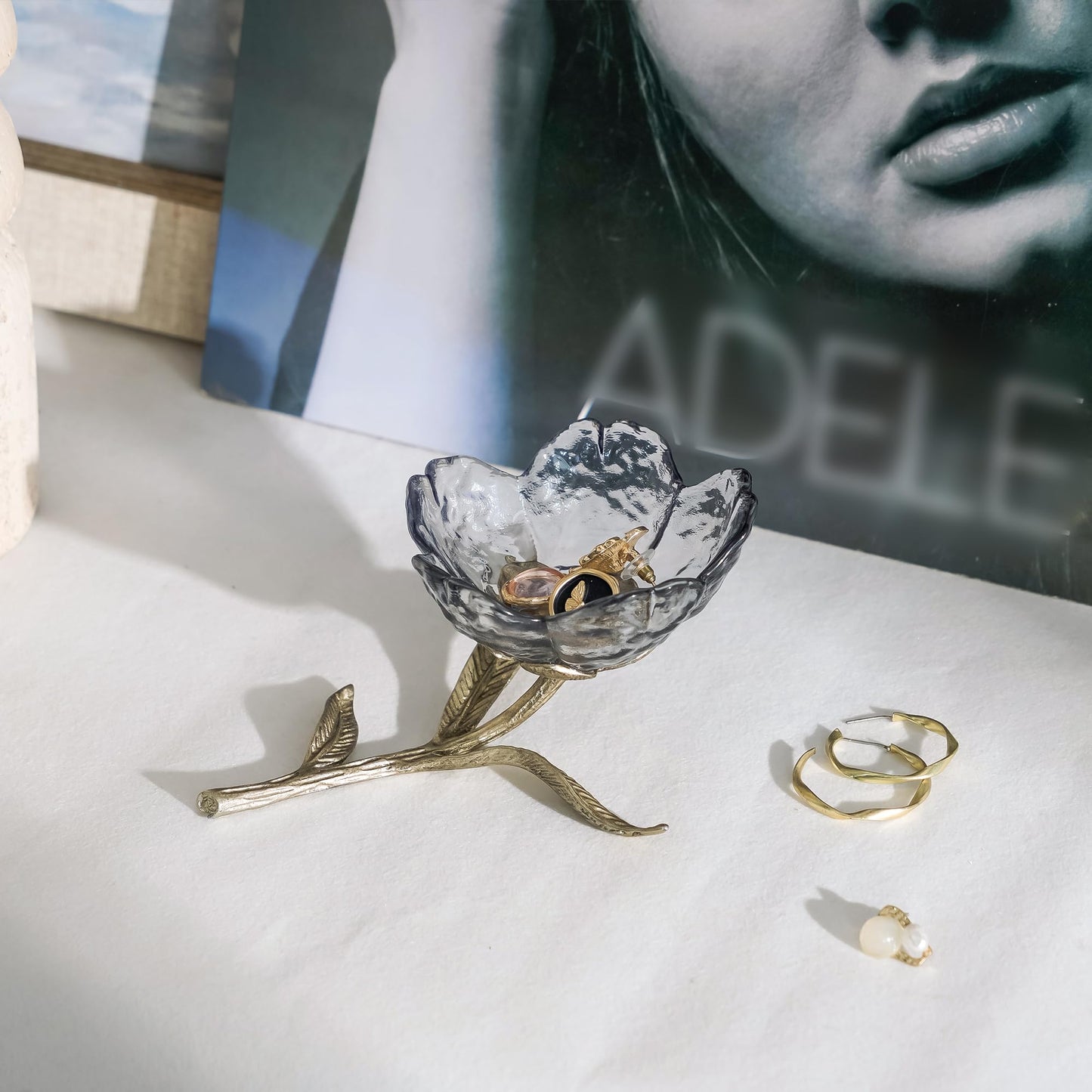 SOFFEE DESIGN Dark Glass Flower Jewelry Tray with Gold Metal Leaf Base, Jewelry Dish Ash Tray for Vanity Table, Moody Home Decor Accent