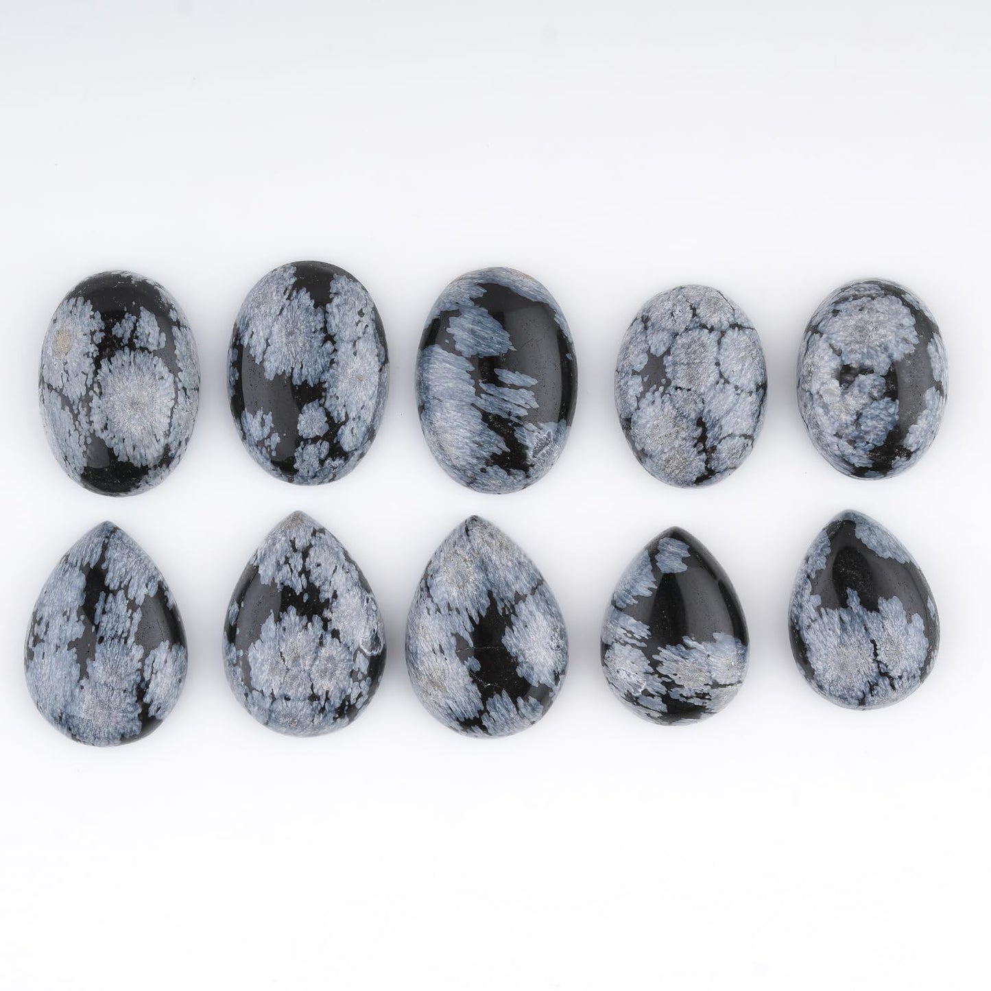 GemSymphony Natural Snowflake Obsidian Gemstone Cabochon Pack of 5 Mixed Shapes – Polished Crystal Stones for Jewelry Making Supply, Healing, Reiki & DIY Crafts, Natural Gem Cab Set for Wire Wrapping (10-20 mm)