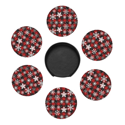 6 Pcs Christmas Coasters for Women Men, 4 Inch Xmas Red Plaid Coaster with Holder for Home Kitchen Office Table Decor