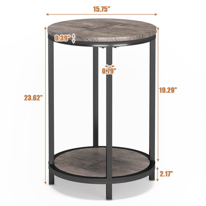 NSdirect Round Side Table,16in Rustic Wooden End Table Surface Top & Sturdy Metal Legs Nightstand for Living Room Bedroom Farmhouse Sofa Table with Storage Open Shelf,Light Walnut