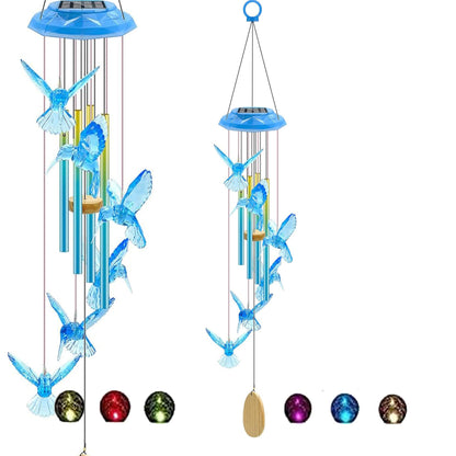 Outdoor Solar Wind Chime Decoration, Mother's Day Birthday Gifts for Grandma, Mom and Family, Outdoor Garden and Courtyard Wind Chime Accessories (Blue Hummingbird)