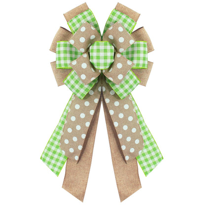 chmacura Spring Wreath Bow for Front Door, Natural Green Dots Bows Green Buffalo Plaid Craft Bow Birthday Easter Tree Topper Ornament Bow for Home Easter Decorations Supplies