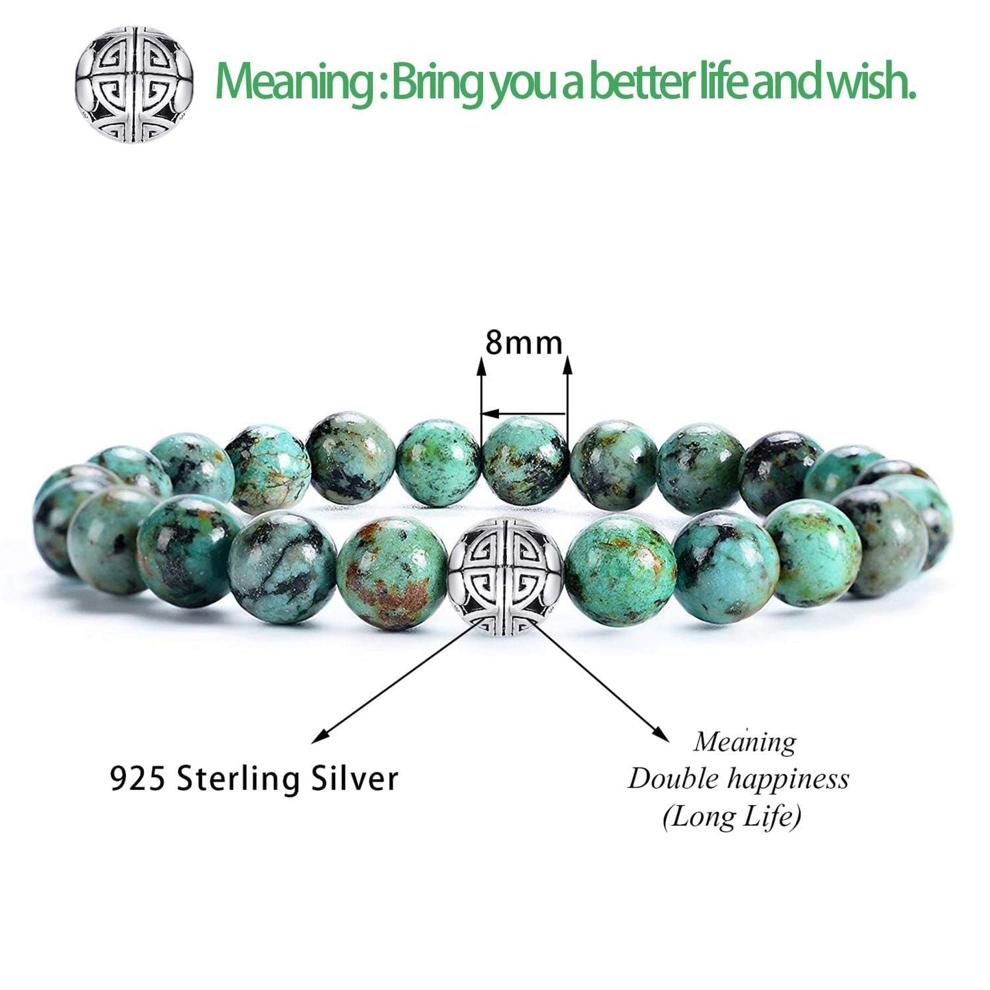 MetJakt Healing Crystals Beaded Bracelets for Womens Natural Gemstone 8mm Beads Stretch Bracelets with 925 Sterling Silver Double Happiness Pendant (African Turquoise AAAAA+)