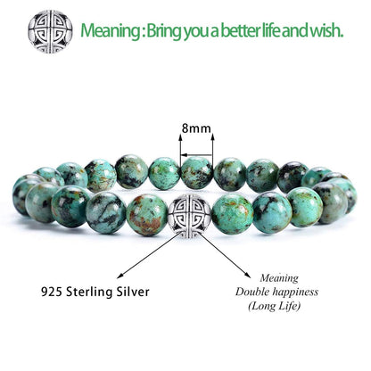 MetJakt Healing Crystals Beaded Bracelets for Womens Natural Gemstone 8mm Beads Stretch Bracelets with 925 Sterling Silver Double Happiness Pendant (African Turquoise AAAAA+)