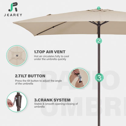 JEAREY 6.5x10 ft Rectangular Patio Umbrellas Rectangle Outdoor Umbrella with Push Button Tilt and Crank, Market Table Umbrella 6 Sturdy Ribs UV Protection for Poolside Garden Backyard Deck, Beige