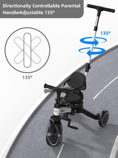 XJD Toddler Bike, 6 in 1 Folding Toddler Tricycle for 1-4 Year Old with Parental Control Handle, Balance Bike with Removable Pedal, Backrest, Adjustable Seat Height, First Birthday Gifts (White)