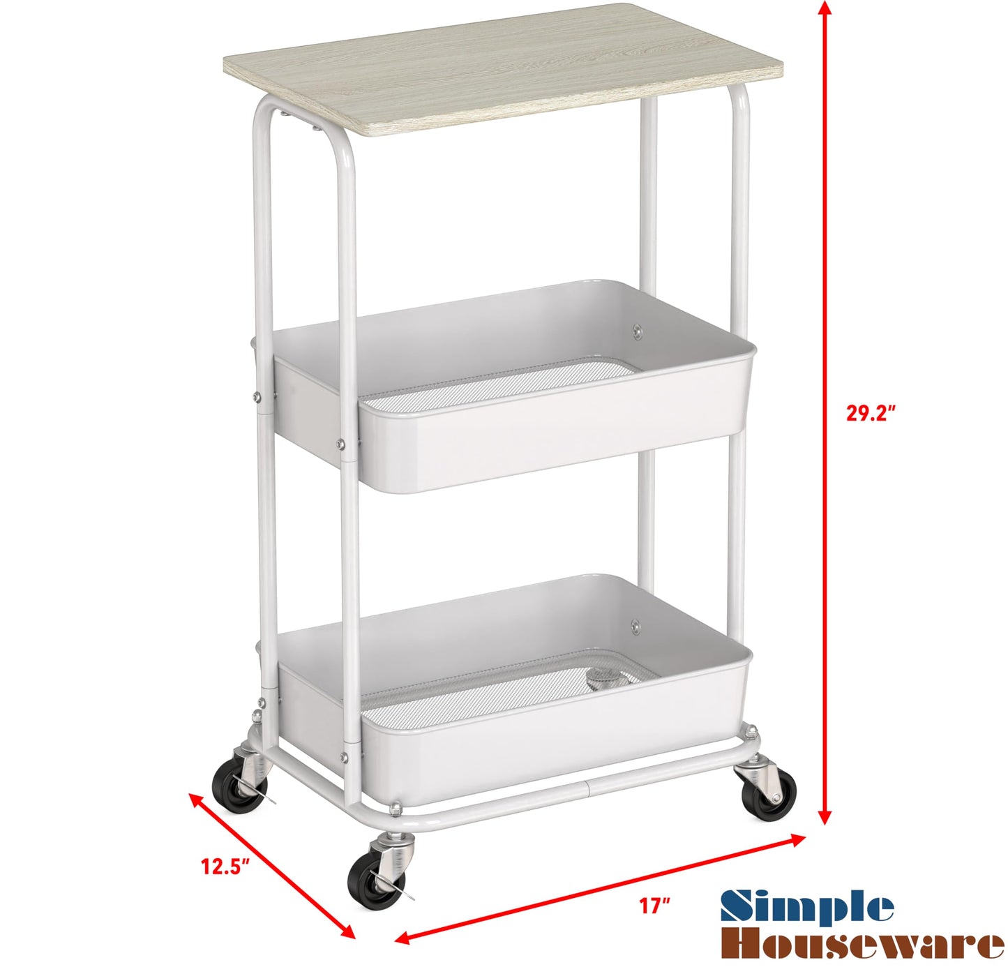 Simple Houseware 2-Tier Rolling Utility Cart with Lockable Wheels and Wood Top, Metal Storage Organizer Trolley for Kitchen, Bathroom, Office, Craft Room, Maple