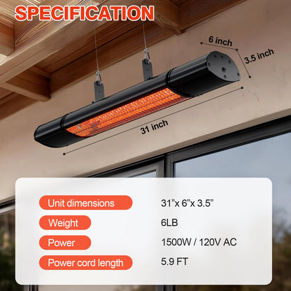 Electric Hanging Patio Heater with remote control, built in Temperature Control, Wall mounted or ceiling mounted, Suit for Outdoor, 1500W, Black