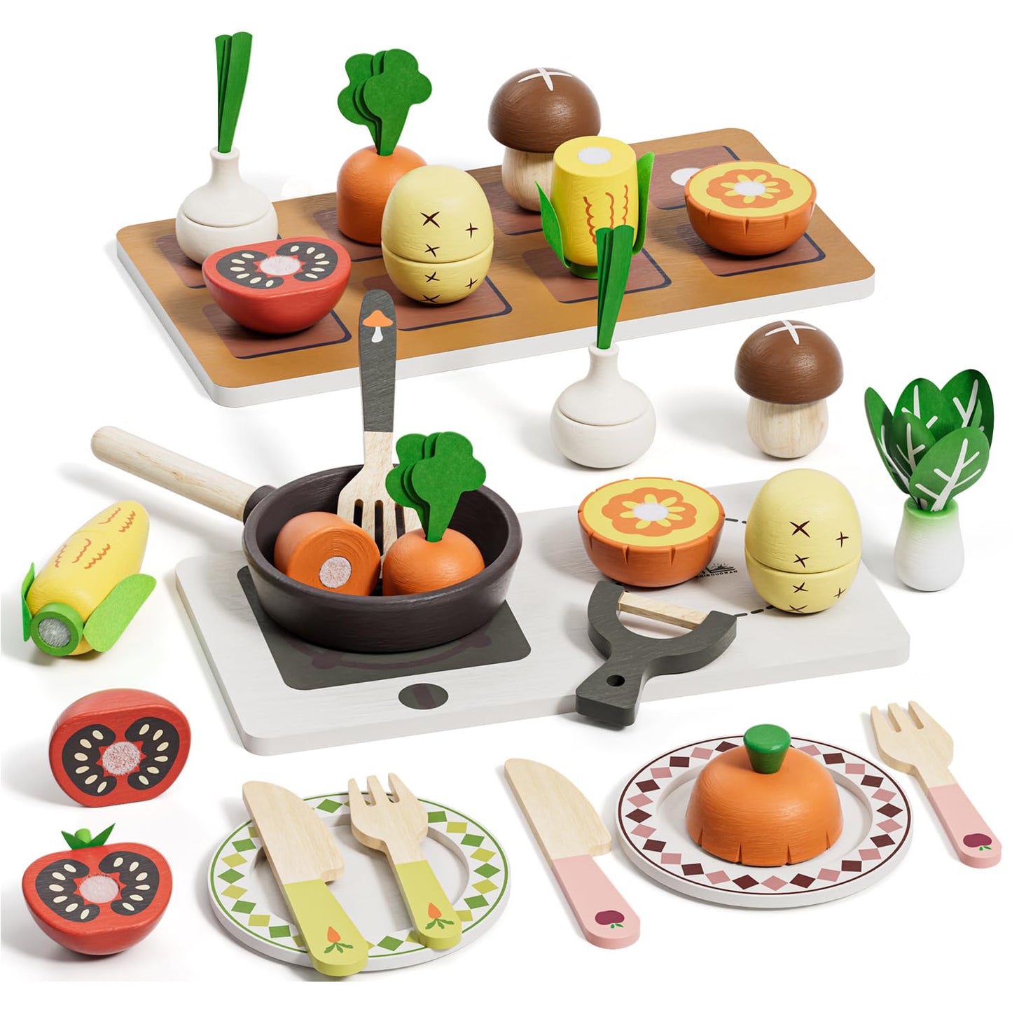 Wooden Play Food Sets for Kids Kitchen, Farm to Table Play Kitchen Accessories, Cooking Set for Kids 3-5, Pretend Cutting Food Toys Girls & Boys