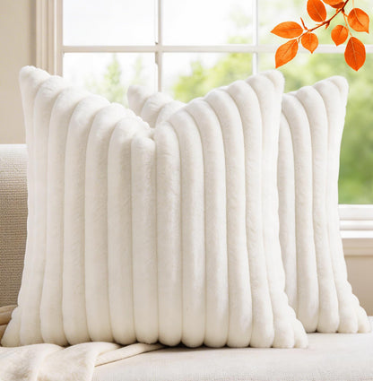 MEGAYES Set of 2 Decorative Throw Pillow Covers 18x18 Faux Fur, Soft Plush Striped Square Couch Cushion Cases with Velvet Back for Sofa Bed Living Room Modern Farmhouse Boho Euro, Neutral White