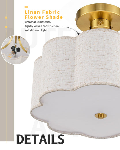 AUTELO 12.6 Inch Semi Flush Mount Ceiling Light,3-Light Brushed Gold Modern Ceiling Light with Flower-Shaped White Fabric, Kitchen Ceiling Light for Bedroom Hallway, C2507 BGS-8