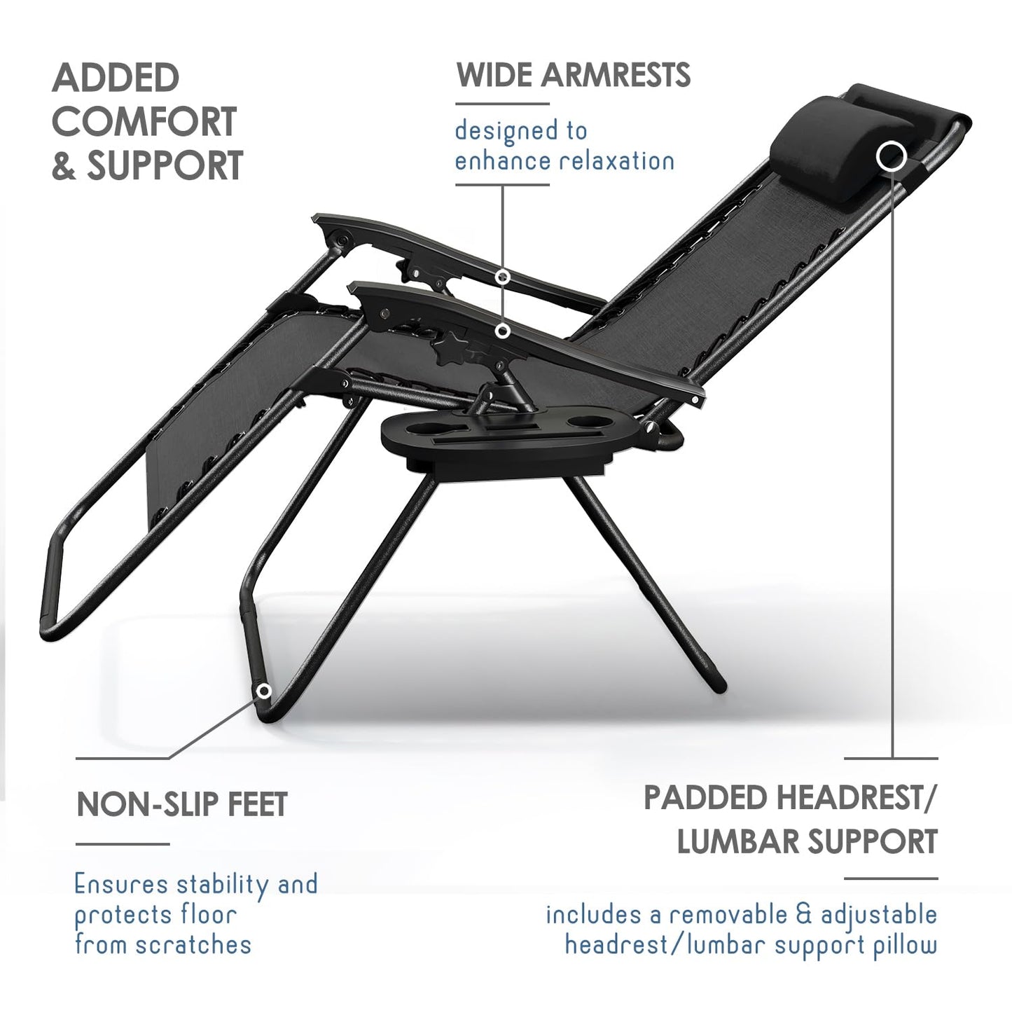Nestl Zero Gravity Chairs, Portable Patio Lounge Chair Outdoor with Pillows & Cup Holder Trays, Adjustable Steel Mesh Reclining Camping Chair, Folding Patio Lawn Chair for Deck, Beach, Yard - Black