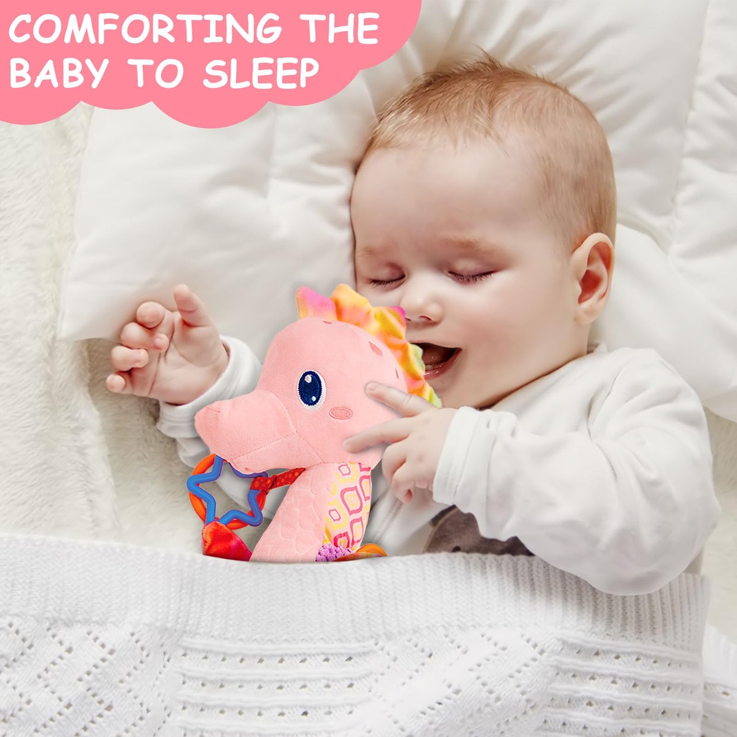 Fuzqq Baby Girl Toys 0-6 Months,Musical Stuffed Animal Plush Toy with Rattle,Soft Newborn Toy for 0 3 6 9 12 Months Girls,Baby Girl Gift,Pink