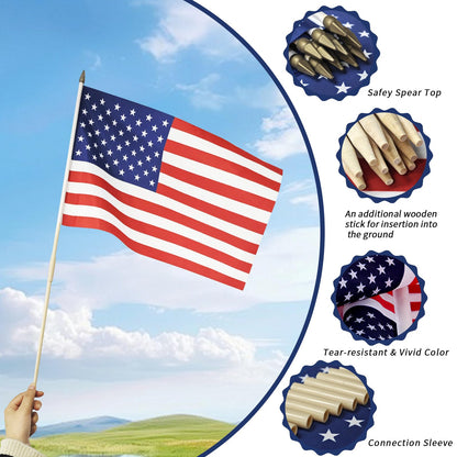 12x18 Inch American Flags on Stick - Patriotic American Flags for Outside, USA Stick Flag Perfect for Independence Day, Memorial Day, 4th of July Decorations (50)