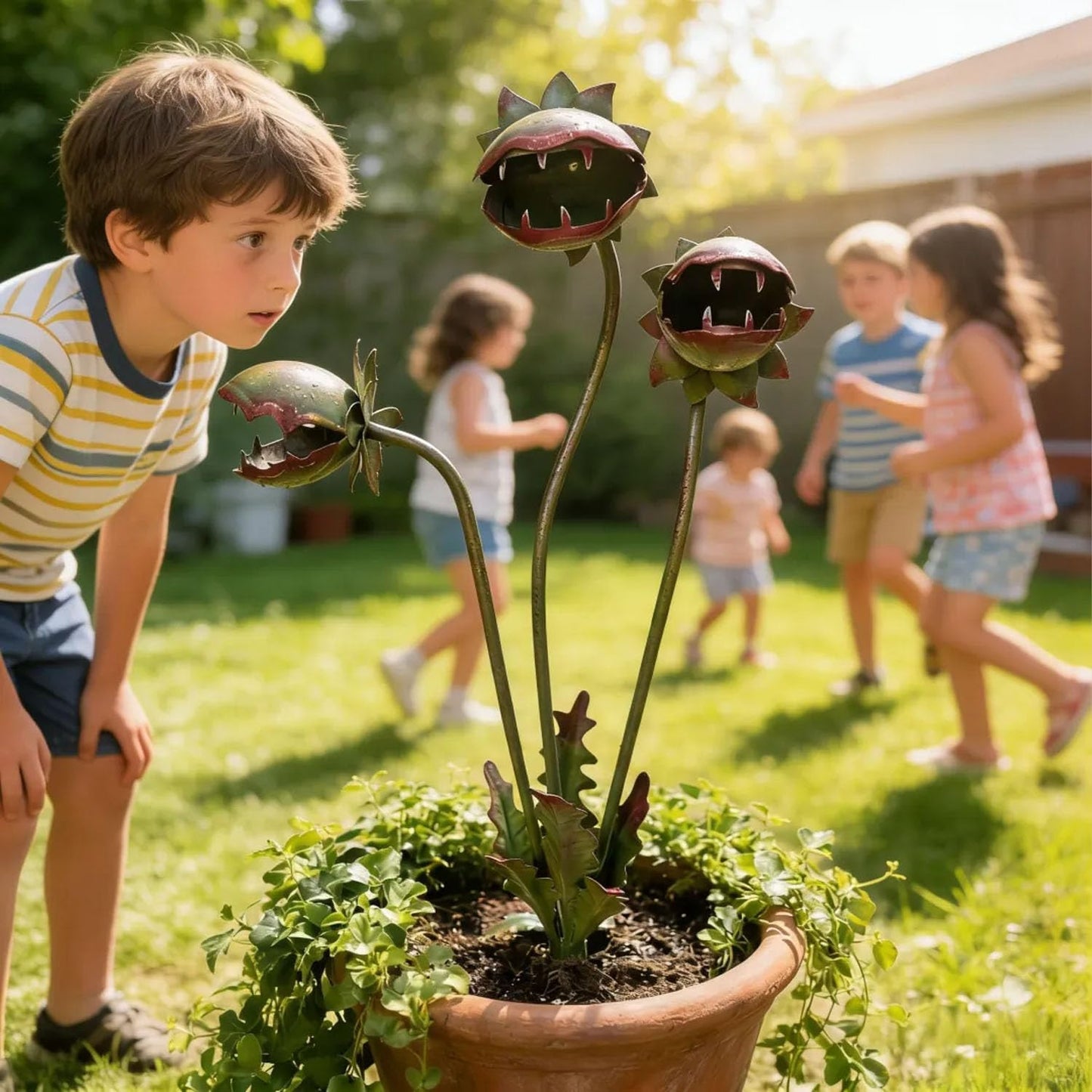 Whimsical Metal Carnivorous Plant Garden Stake, 25 Inch Large Venus Flytrap Monster Plant Sculpture, Durable Yard Art Decor for Outdoor Patios Lawn Planters Flower Beds Unique Quirky Garden Gift