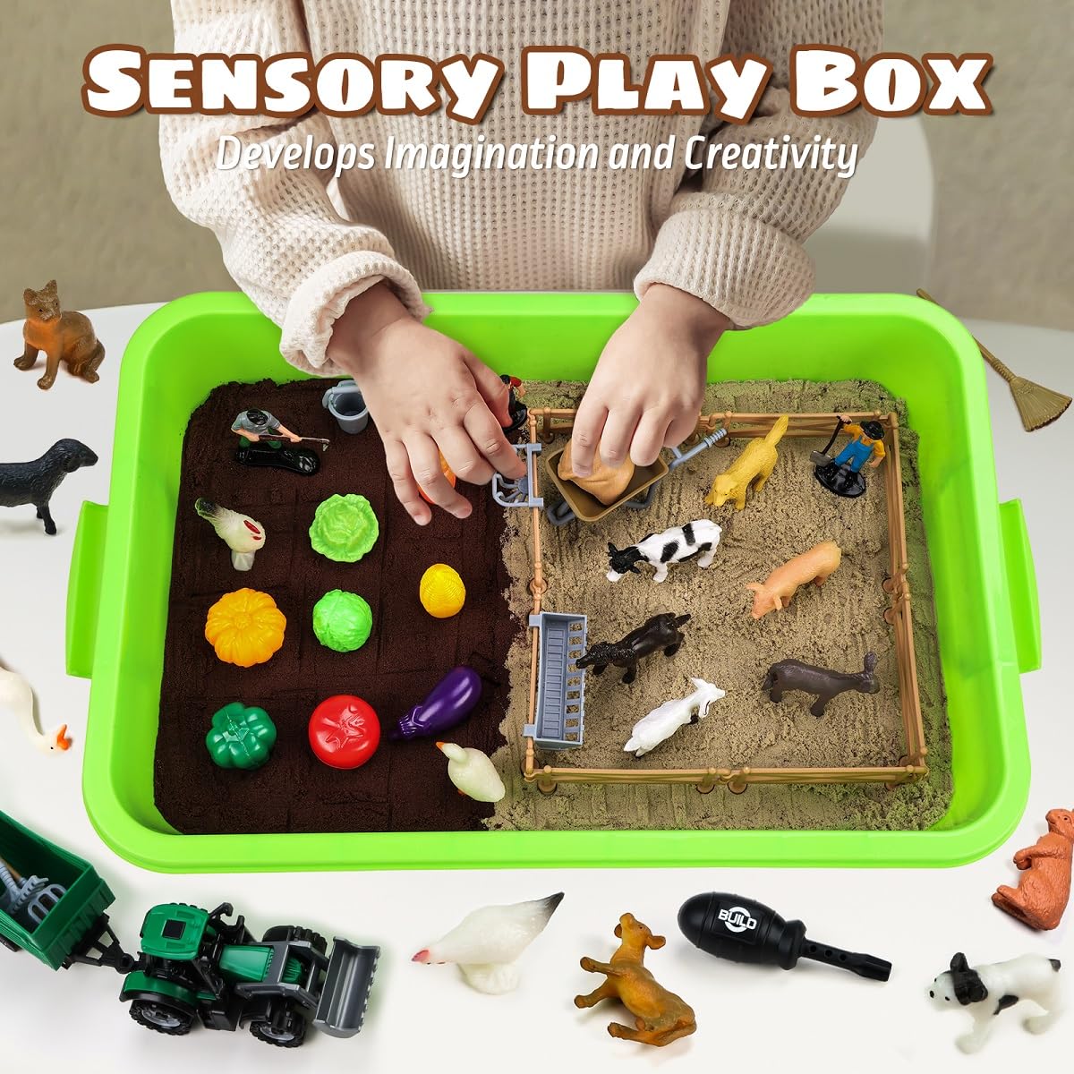 Aprilwolf 69 PCS Farm Sensory Bin Toys Playset, Sandboxes with Sand, Farmer Tractor & Farm Animals Figures Toys for Kids 3 4 5, Gifts for 6 7 Years Old Boys Girls Toddlers
