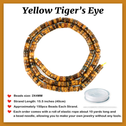 Natural Yellow Tiger's Eye Heishi Spacer Beads Loose Semi Precious Flat Round Gemstone Disc Shape Stone for Beading Jewelry Making 4x2mm 15.5"