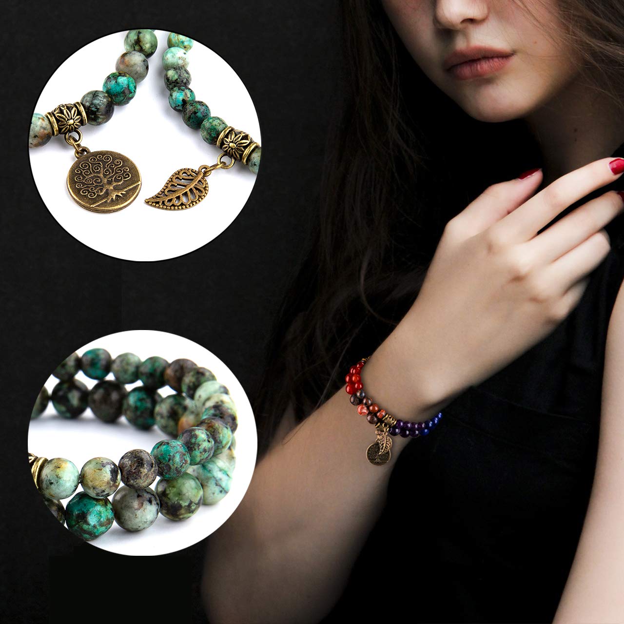Bivei Natural Semi Precious Gemstone Beads Bracelet for Women - Life Tree and Leaf Charm Chakra Energy Anxiety Stretch Bracelets(Blue Lace Agate Beads)