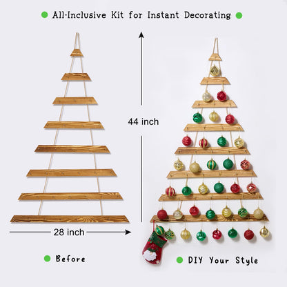 SOONOW 44" Wall Hanging Christmas Tree with Remote LED Lights and 36 Ornaments, Lighted Wood Christmas Tree for Living Room, Bedroom Holiday Wall Decor