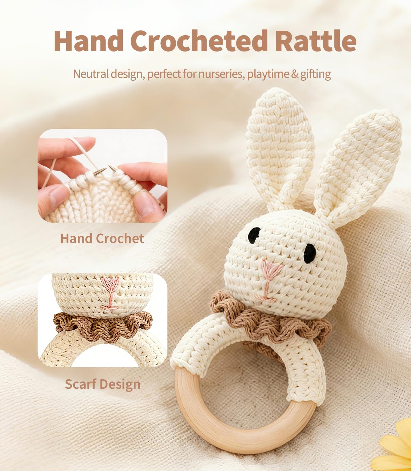 Baby Rattle Toys, Handcrafted Crochet Bunny Rattles with Wooden Teething Ring, Organic Newborn Toy Crochet Stuffed Animal Rattle Baby Announcement Ideas, Beige