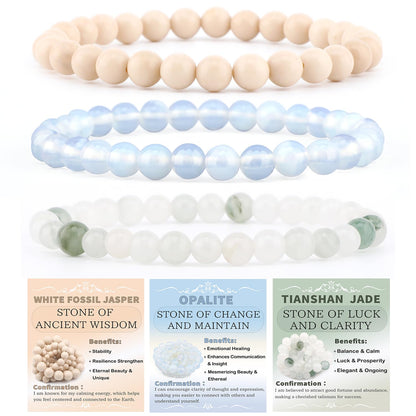 NCB 3-Piece 6mm Natural Crystal Gemstone Stretch Bracelets – ﻿Opalite, Tianshan Jade, White Fossil Jasper Handmade Reiki Energy Healing Jewelry for Meditation,Yoga, Unisex