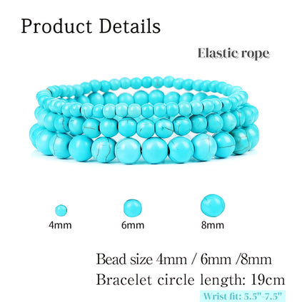 CINSKYING 3Pcs Healing Crystal Turquoise Bracelets for Women Men 8mm 6mm 4mm Natural Stone Beaded Stretch Bracelet Jewelry Gifts for Women Girl (T1-Turquoise)