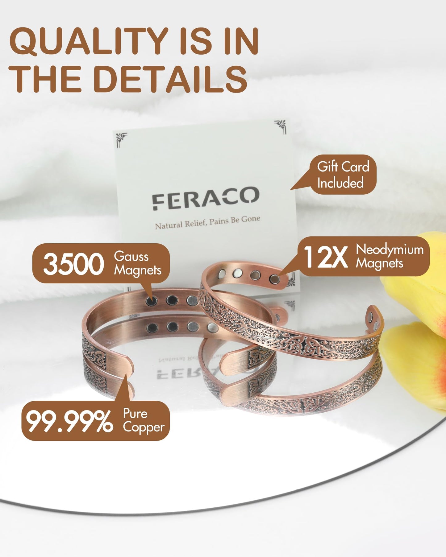 Feraco Copper Bracelet for Women, Ultra Strength Magnetic Bracelets, 99.99% Pure Copper Cuff Bangle with 3500 Gauss Neodymium Magnets, Tree of Life