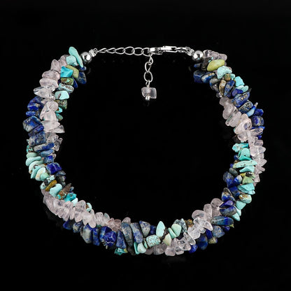 CRYSTALIS Natural Turquoise & Lapis Lazuli & Rose Quartz Beads Braided Rope Crystals Bracelet, Chips Nugget Beaded Gemstones, Chakra Healing Stones, Womens Jewelry, 925 Sterling Silver Bracelet 8 inch