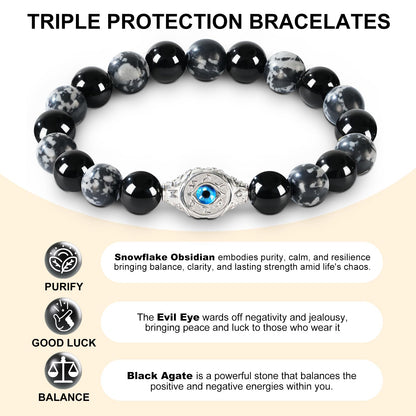 Men's Evil Eye Bracelet, 10mm Beaded Bracelet with Natural Gemstones, Adjustable Elastic Design, Gift for Anniversary, Christmas and Thanksgiving, Silver Obsidian/Tiger Eye/Hematite/Snowflake Obsidian/Black Agate