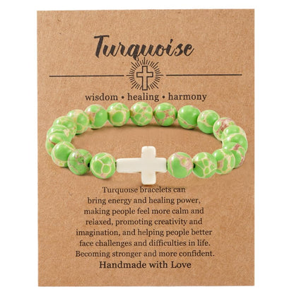 SHINUS BOHO Dainty Christian Cross Green Turquoise Gemstone Beaded Religious Cross Crystal Chakra Bracelets for Women Men Natural Worry Stone Healing Stretch Best Friends Jewelry Gift