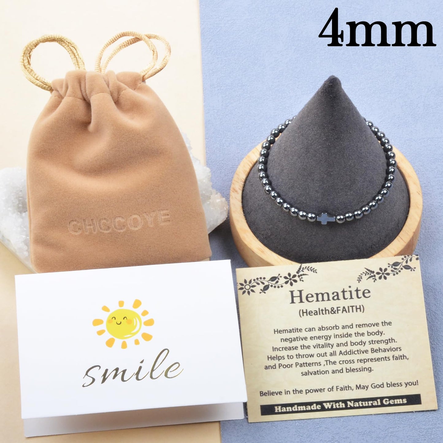 CHCCOYE 4mm Handmade Adjustable Natural Gemstone Crystal Bracelet Healing Power Energy Inspirational Gifts with Card for Unisex (Hematite)