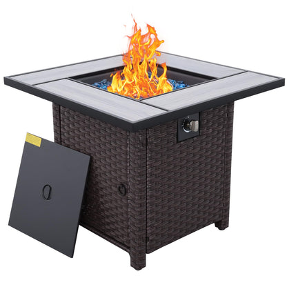 Outdoor Propane Fire Pit, 30 Inch PE Wicker Patio Firepit Table with Fire Glass for Outside Parties and Gatherings on Garden Backyard Porch