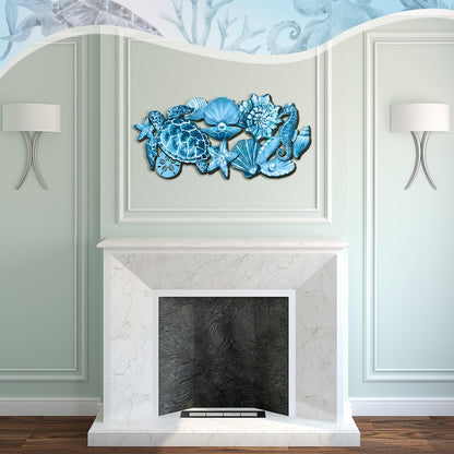 Qunclay Summer Ocean Themed Wall Decorations Sea Horse Shell Coastal Wood Sea Turtle Starfish Ocean Voyage Wall Hanging Decor for Home Pool Living Room Bedroom Outdoor Art, 15.8 Inch
