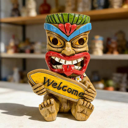 Suyorpe ﻿Miniature Tiki Garden Statue Solar Outdoor Decorations - Tiki Bar Welcome Sign Lights for Patio Yard Lawn Ornaments Gifts for Birthday Housewarming Summer 3.2''(W) x 3.4''(D) x 5.9''(H)