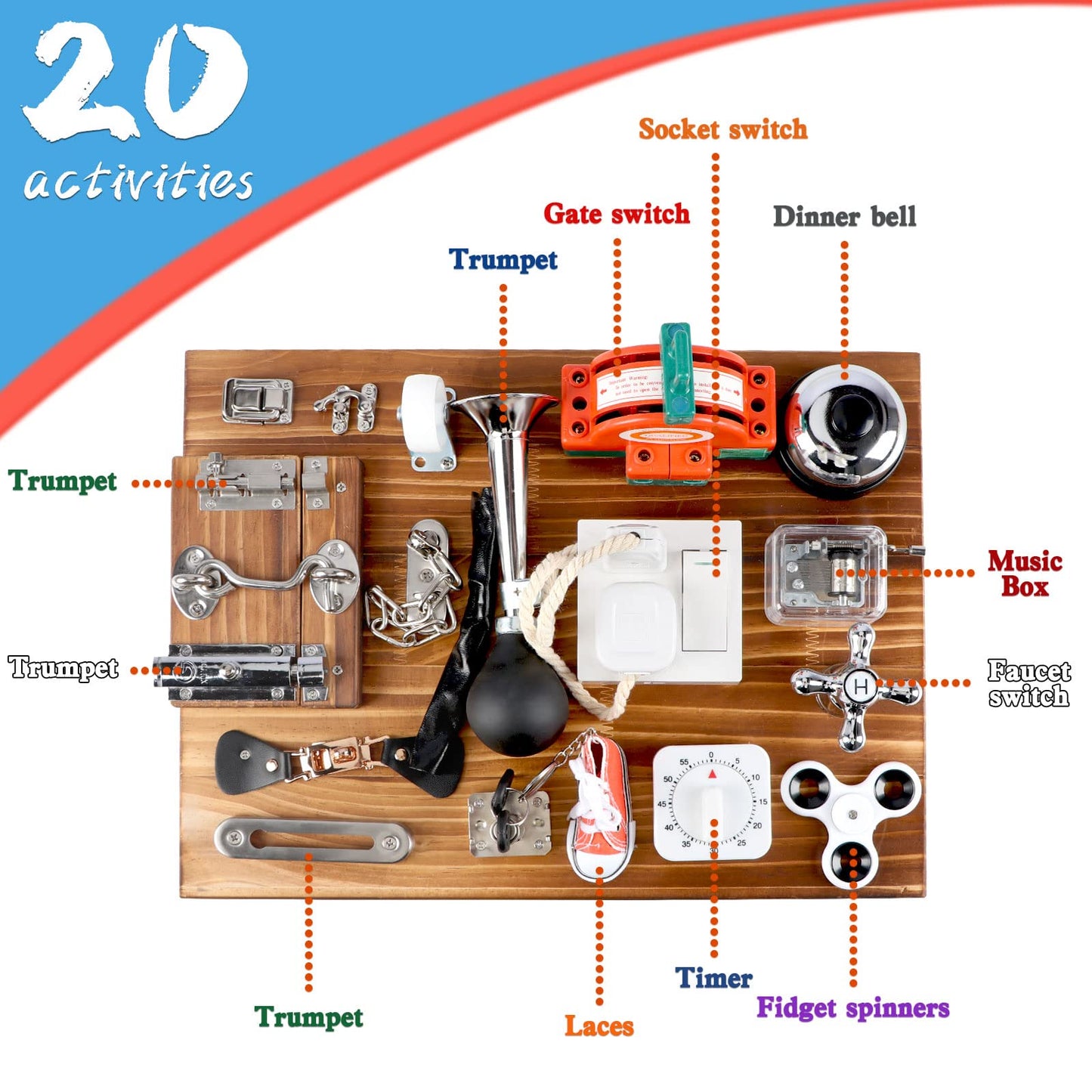 Canuan 20-in-1 Busy Board for Toddlers - Travel Toy Activity Board for Fine Motor Skills - Toys for 3 Years Old Kids With Switch, Locks, Shoe Laces, Music Box