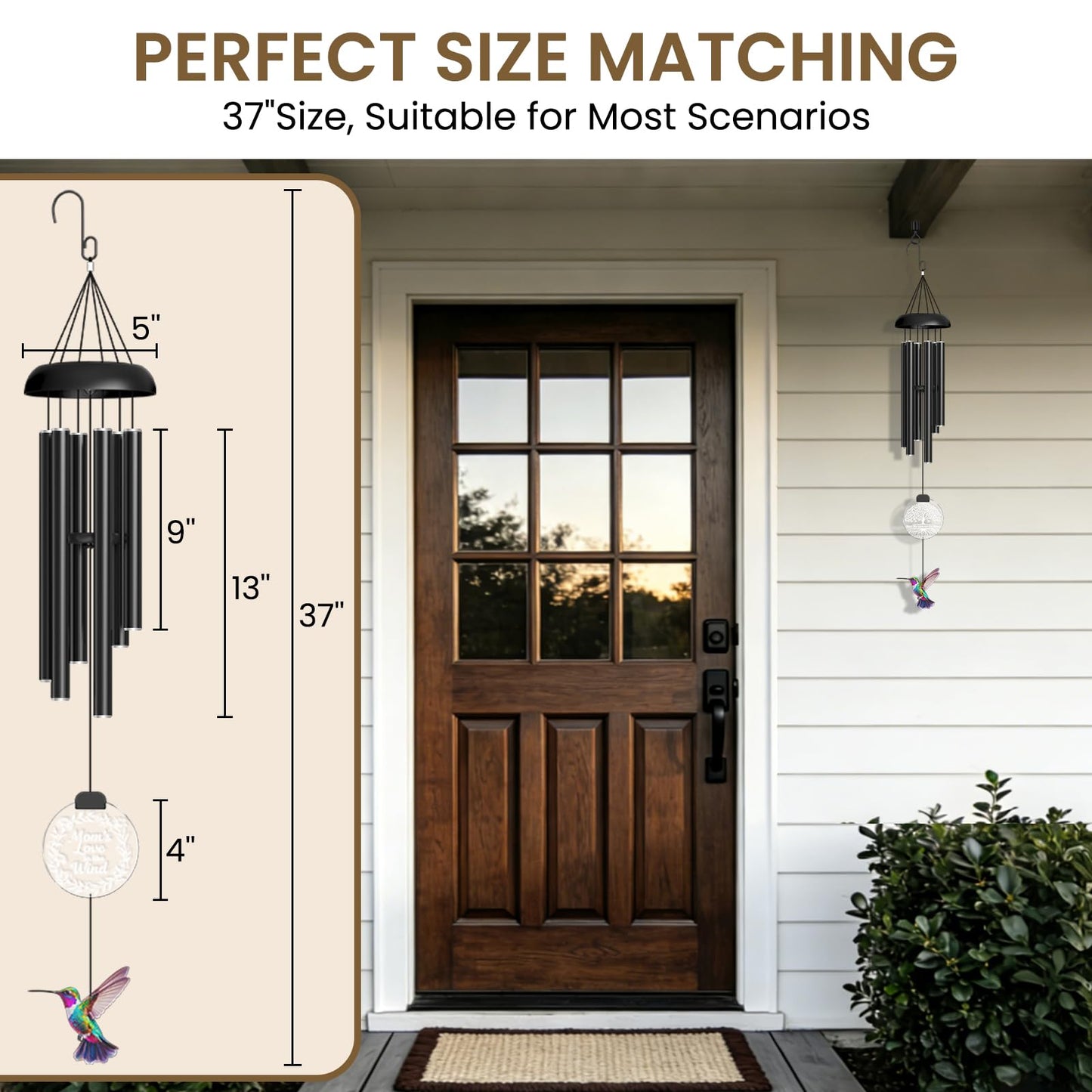 37" Solar Wind Chimes for Outside, Gifts Wind Chimes with Solar Powered Acrylic Lights & Hand-Painted Hummingbird for Mom, Grandma, Outdoor Wind Chimes for Garden, Patio, Yard