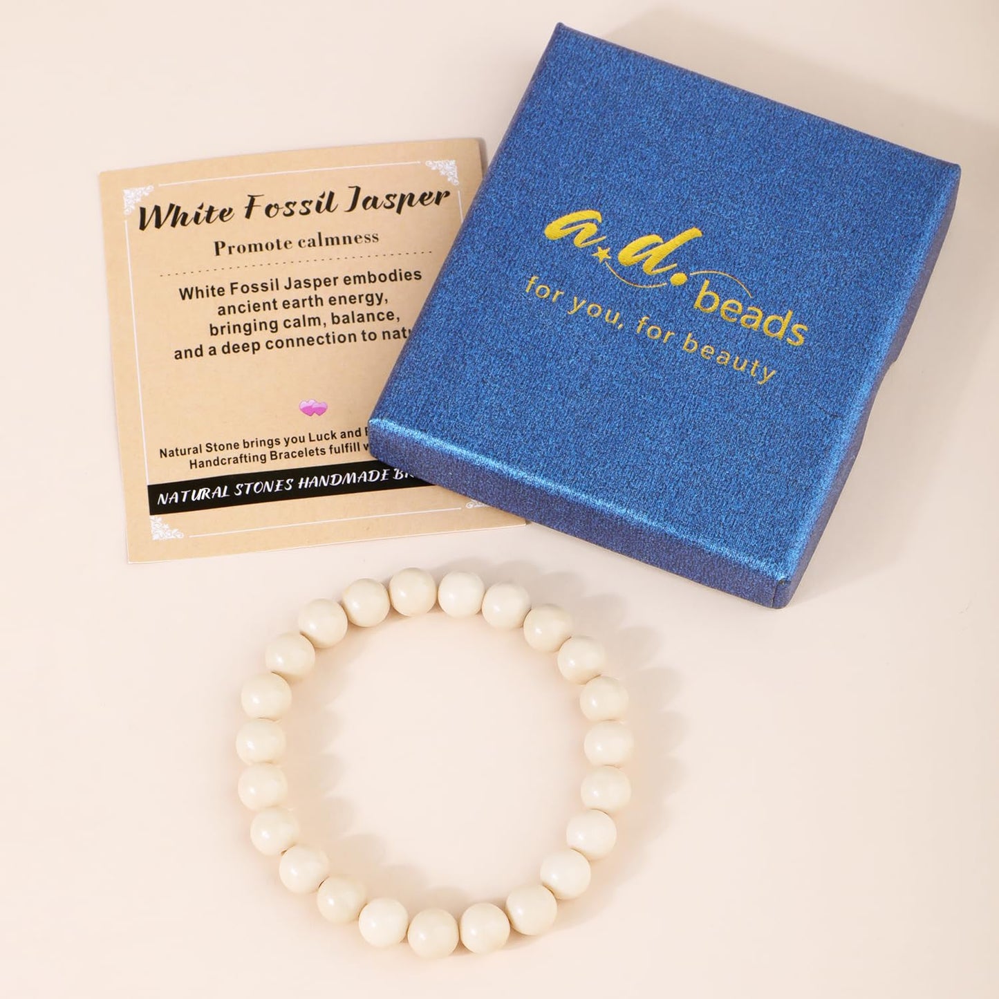AD Beads 4mm Handmade White Fossil Jasper Elastic Bracelet – Natural Gemstone for Promote calmness – Meditation, Yoga, Healing and Energy Gift for Men Women