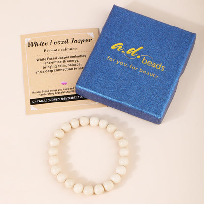 AD Beads 4mm Handmade White Fossil Jasper Elastic Bracelet – Natural Gemstone for Promote calmness – Meditation, Yoga, Healing and Energy Gift for Men Women
