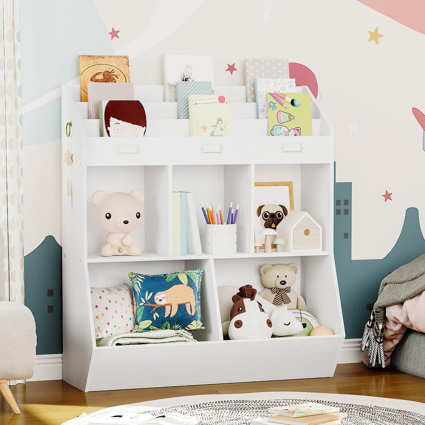 HOOBRO Kids Bookshelf, Toy Organizer and Storage, Bookshelf for Kids, 5 Compartments and 3-Layer Shelves, Bookcase Footboard, for Game Room, Playroom, Nursery, School, White WT34CW01