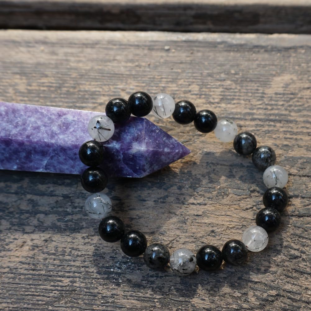 TaHLga 8MM Black Rutilated Quartz Bracelet | Natural Rutilated Quartz Gemstones | Bring Luck Wealth Courage | Protection from Evil | Gift
