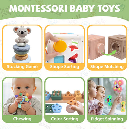 YHHYTOY 6-in-1 Montessori Baby Toys 0-6 6-12 Months, Infant Teething Toys Soft Stacking Blocks Rings Shape Sorter Sensory Fidget Spinners for Toddler 1-3, First Baby Gift Set for 6 Month Old Girl Boy
