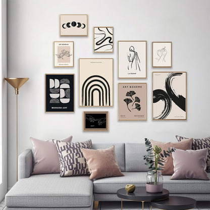 KBKBART Minimalist Boho Wall Art Prints, 10 PCs Abstract Neutral Black Beige Women Body Line Flower Canvas Art, Eclectic Home Decor for Room