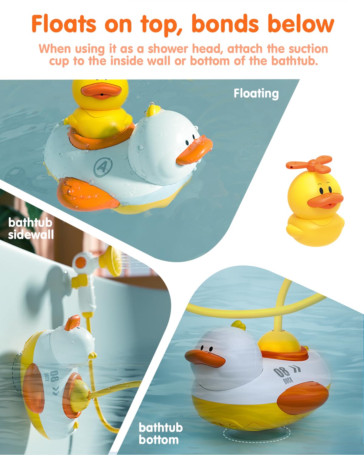 Duckie Baby Bath Shower Head, Toddler Bath Toys for Kids Ages 1-3, Baby Shower Head for Bathtub with Three Squirting Ducks, Birthday Gift for Toddler Boys Girls
